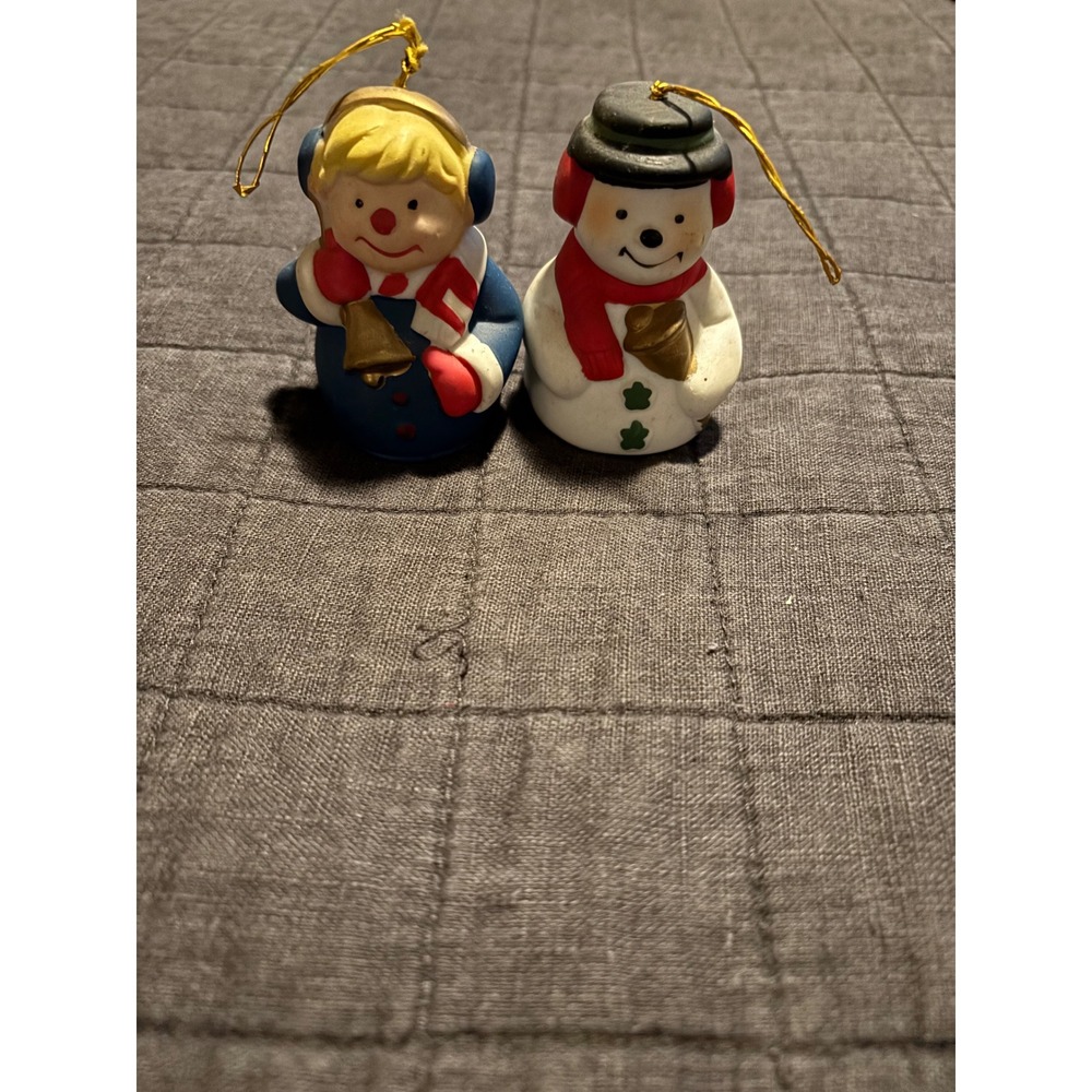 Giftco Christmas Bell‎ Ornaments Boy and Snowman Holiday Decor 1985 Vintage